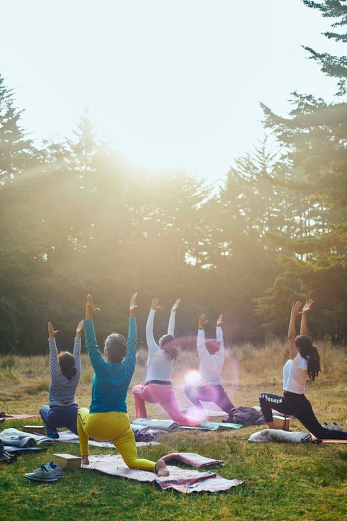 People practicing yoga outdoors in a natural environment